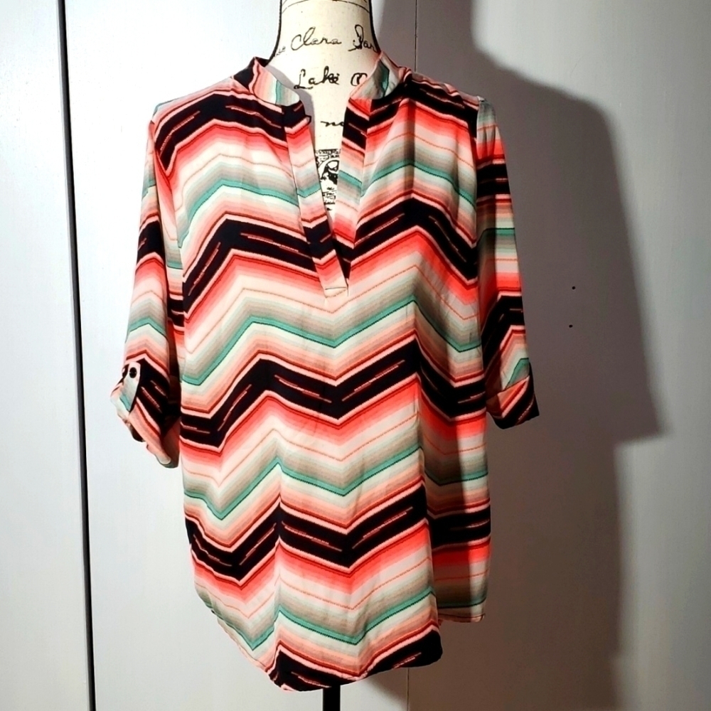 Gingy Cocoa | Womens Multi-Color Striped Retro  Boho Y2k Vneck Top Sz.XL